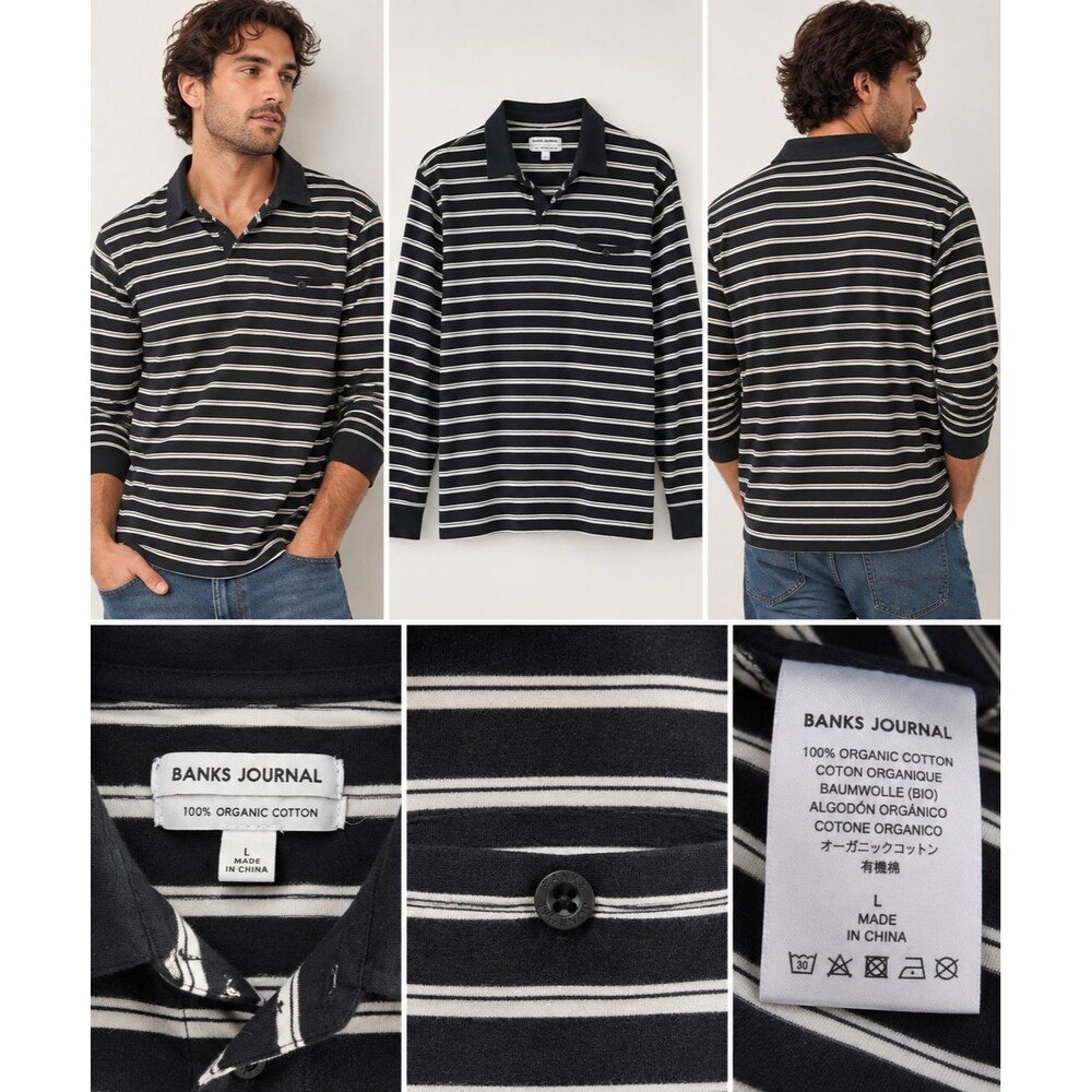 Banks Journal Men's L Organic Cotton Striped Long Sleeve Polo Surf Skate Shirt